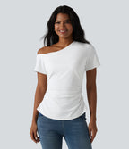 Airy One-Shoulder Ruched Split Built-in Bra InstantCool Casual T-Shirt — White — view 4