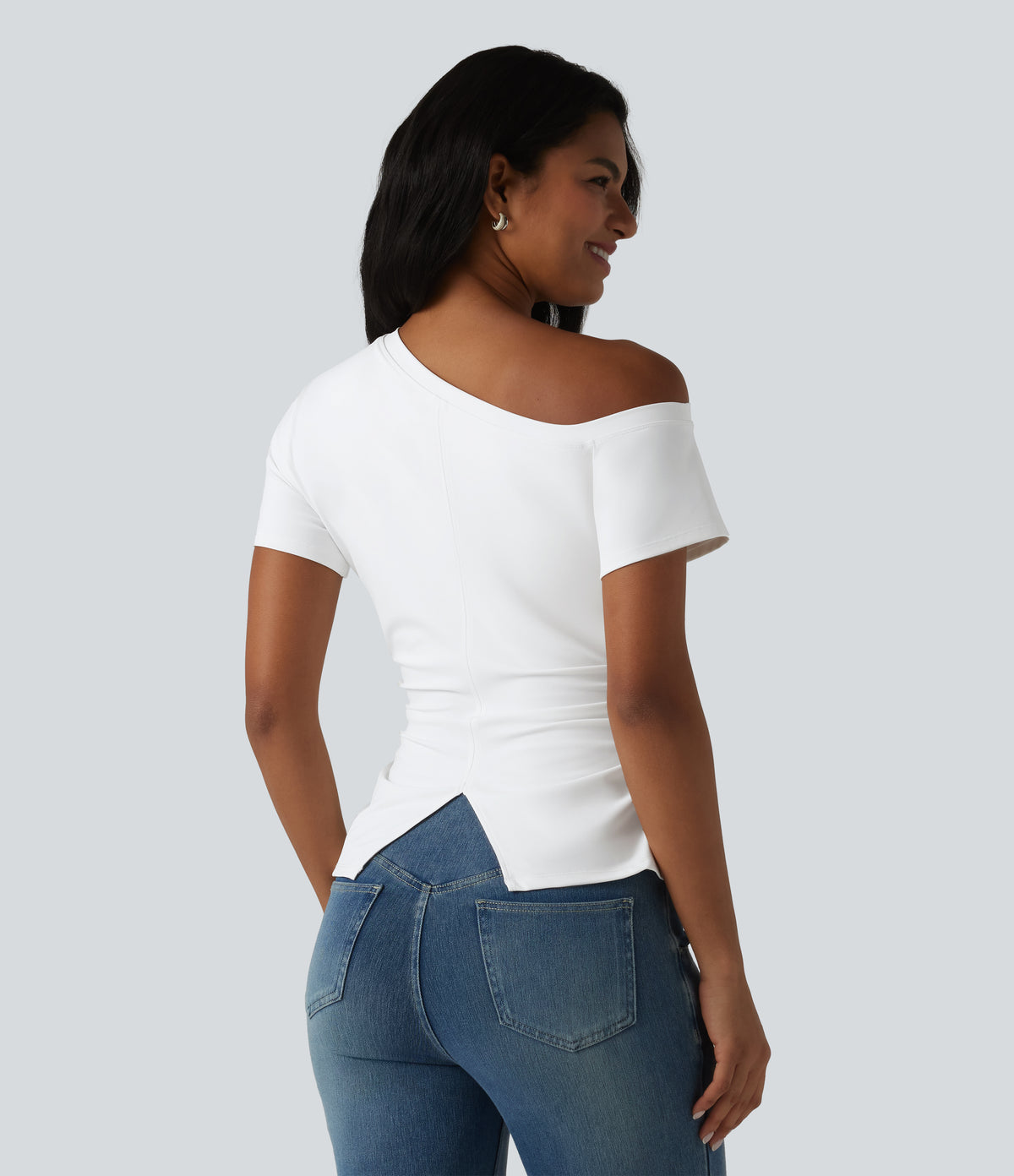 Airy One-Shoulder Ruched Split Built-in Bra InstantCool Casual T-Shirt — White — view 2