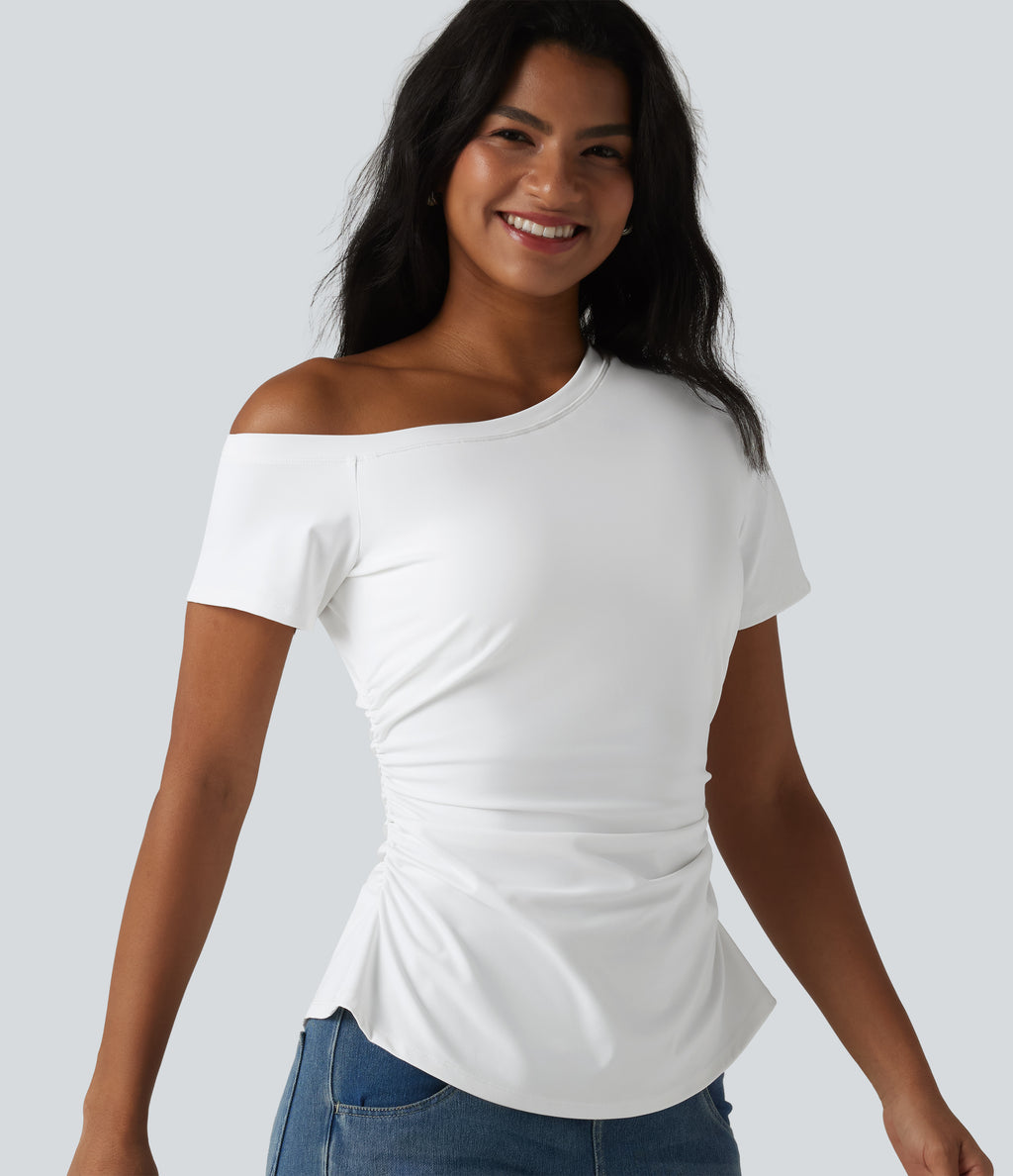 Airy One-Shoulder Ruched Split Built-in Bra InstantCool Casual T-Shirt — White — view 5