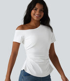 Airy One-Shoulder Ruched Split Built-in Bra InstantCool Casual T-Shirt — White — view 5