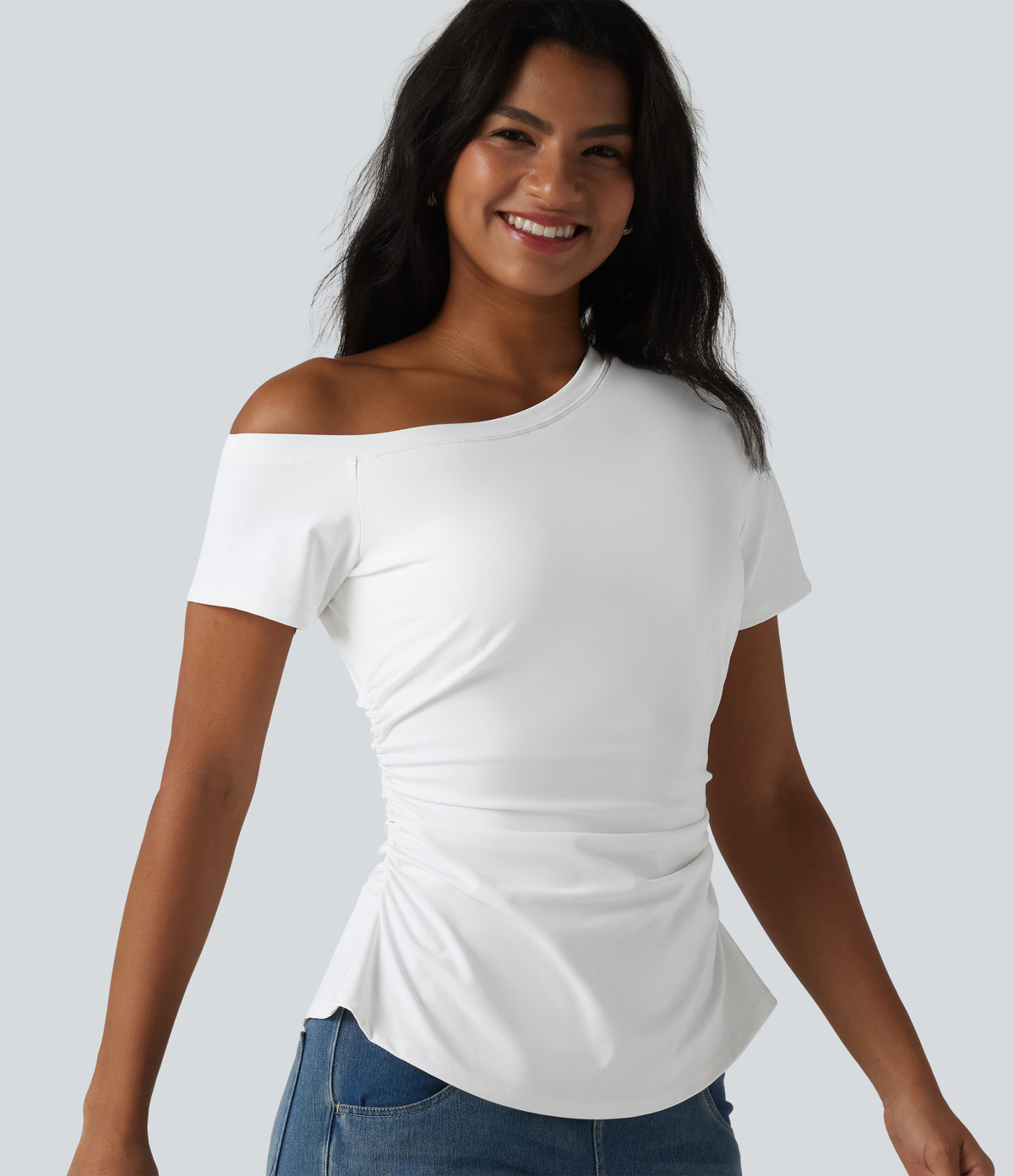 Airy One-Shoulder Ruched Split Built-in Bra InstantCool Casual T-Shirt — White — view 5