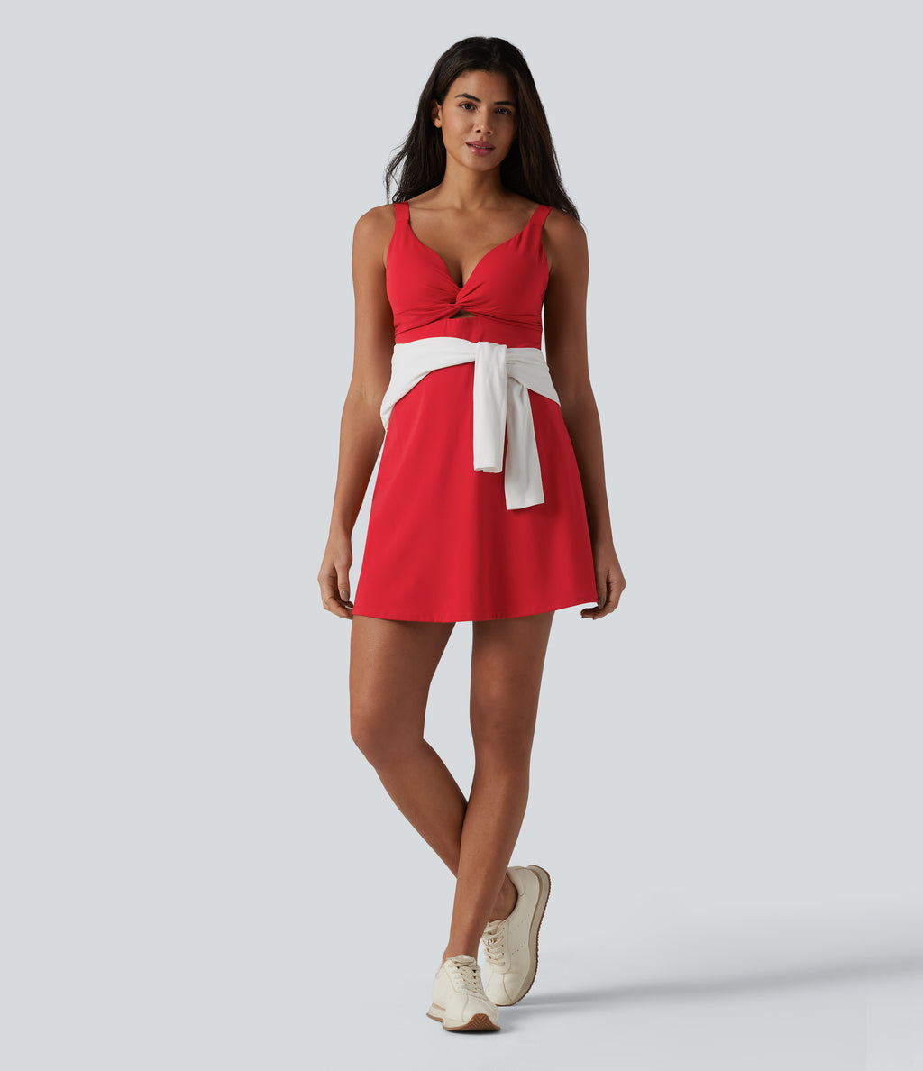 Plush Push-Up Twisted Adjustable Straps Non-Removable Pad Dance Active Dress with Pockets — Tomato — view 8