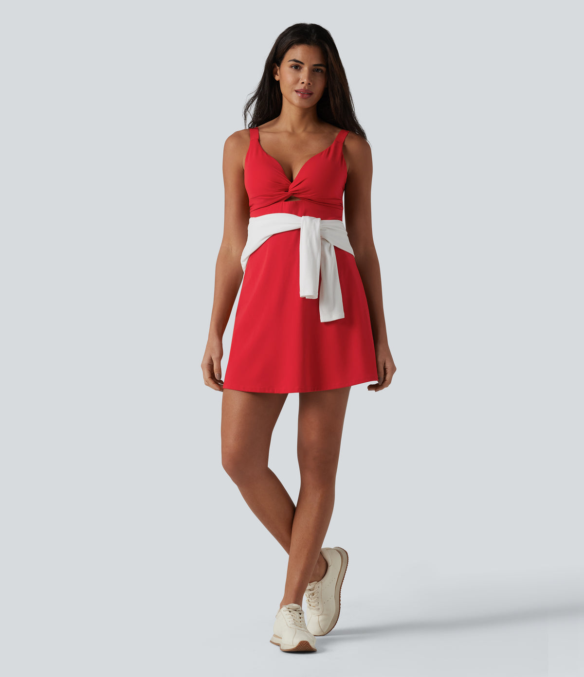Plush Push-Up Twisted Adjustable Straps Non-Removable Pad Dance Active Dress with Pockets — Tomato — view 8
