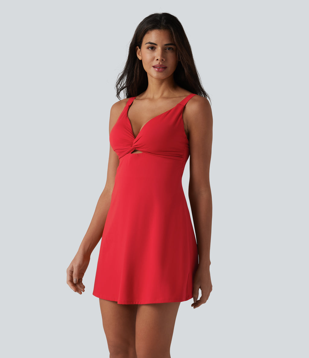 Plush Push-Up Twisted Adjustable Straps Non-Removable Pad Dance Active Dress with Pockets — Tomato — view 3