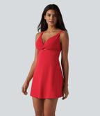 Plush Push-Up Twisted Adjustable Straps Non-Removable Pad Dance Active Dress with Pockets — Tomato — view 3