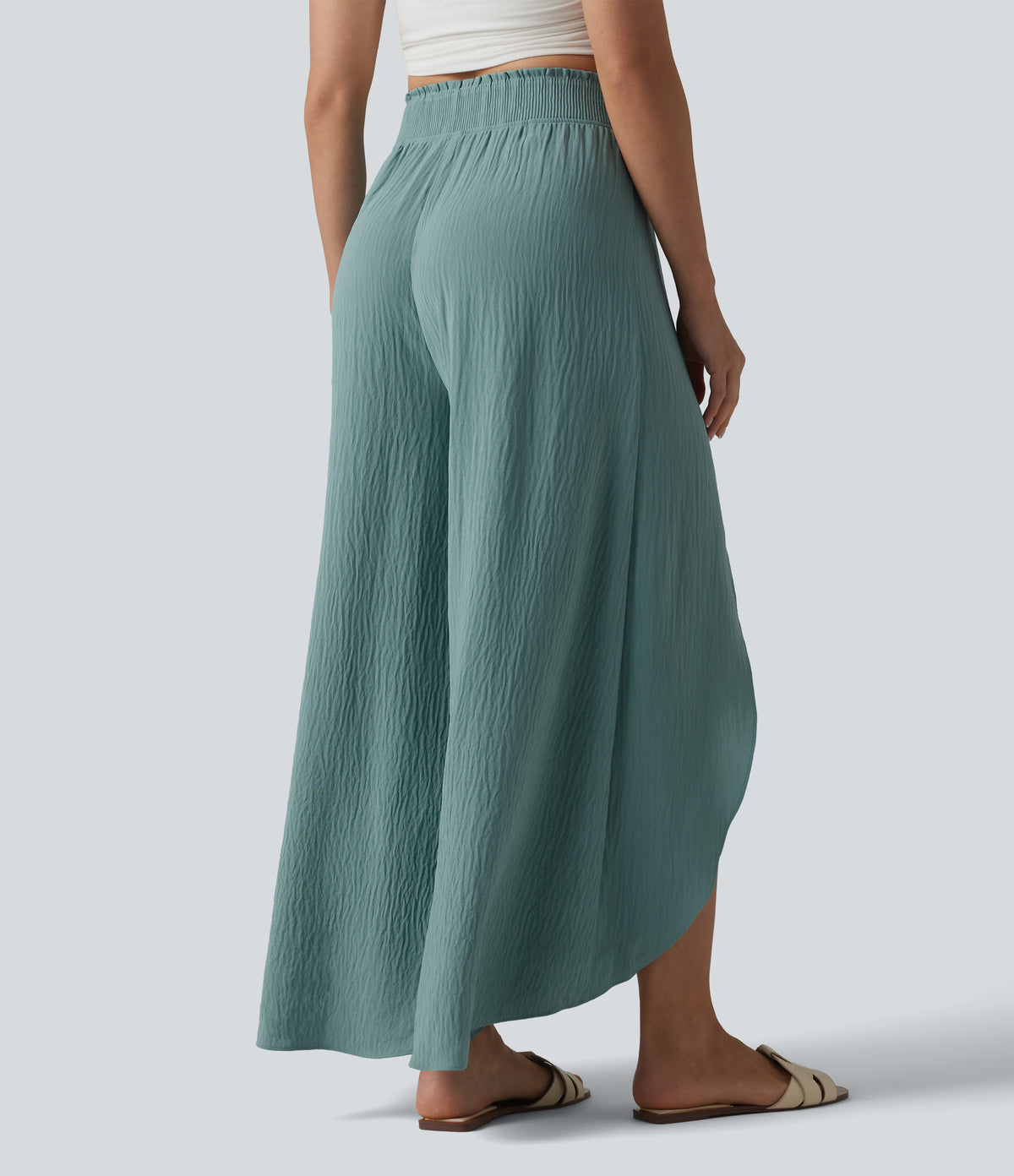 High Waisted Flowy Wide Leg Casual Linen-Feel Trousers — Mineral Blue — view 2