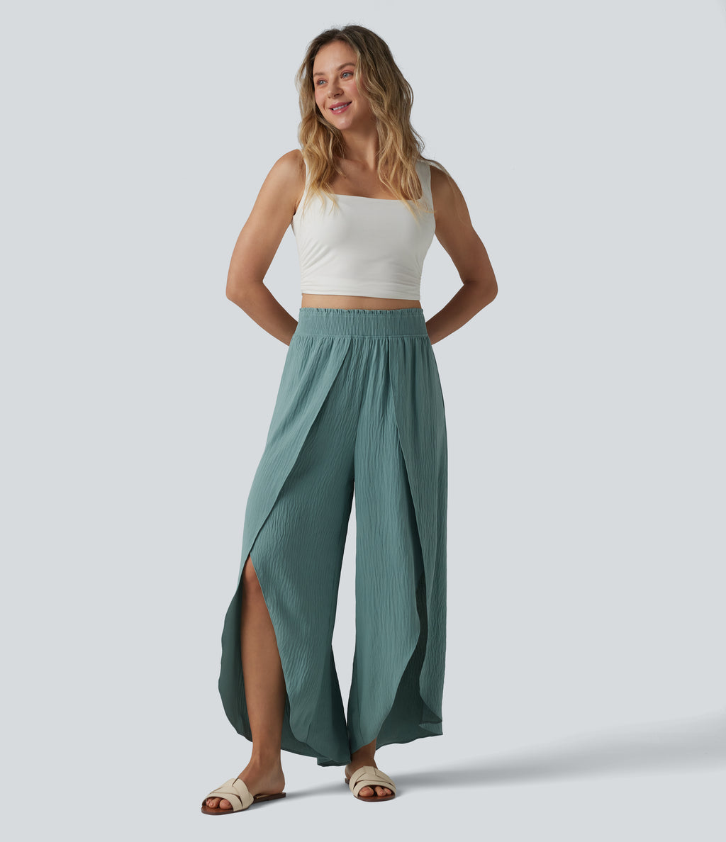 High Waisted Flowy Wide Leg Casual Linen-Feel Trousers — Mineral Blue — view 6