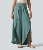 High Waisted Flowy Wide Leg Casual Linen-Feel Trousers — Mineral Blue — view 1