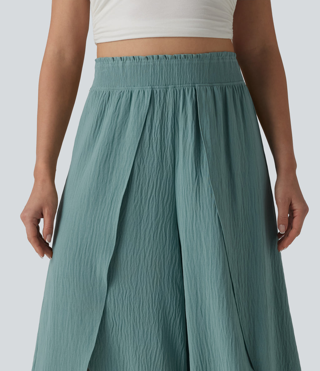 High Waisted Flowy Wide Leg Casual Linen-Feel Trousers — Mineral Blue — view 4