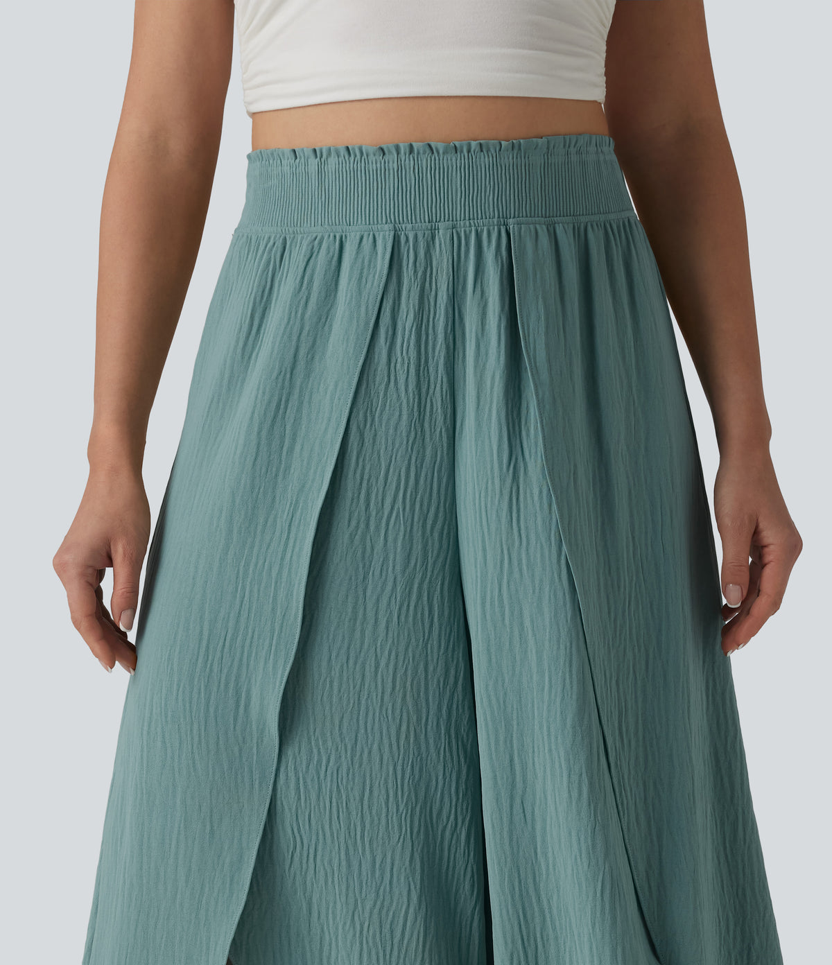 High Waisted Flowy Wide Leg Casual Linen-Feel Trousers — Mineral Blue — view 4