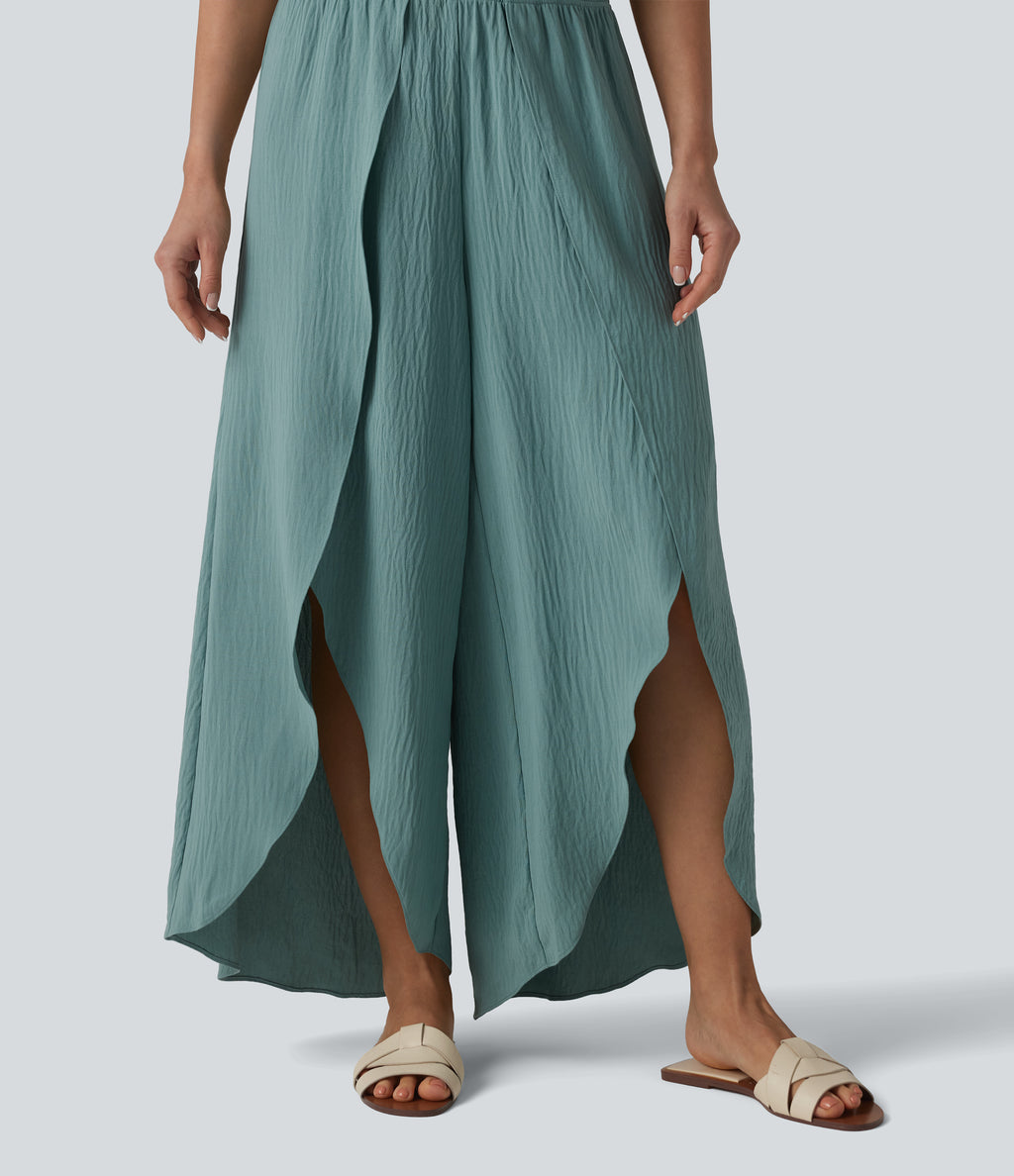 High Waisted Flowy Wide Leg Casual Linen-Feel Trousers — Mineral Blue — view 5