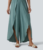 High Waisted Flowy Wide Leg Casual Linen-Feel Trousers — Mineral Blue — view 5
