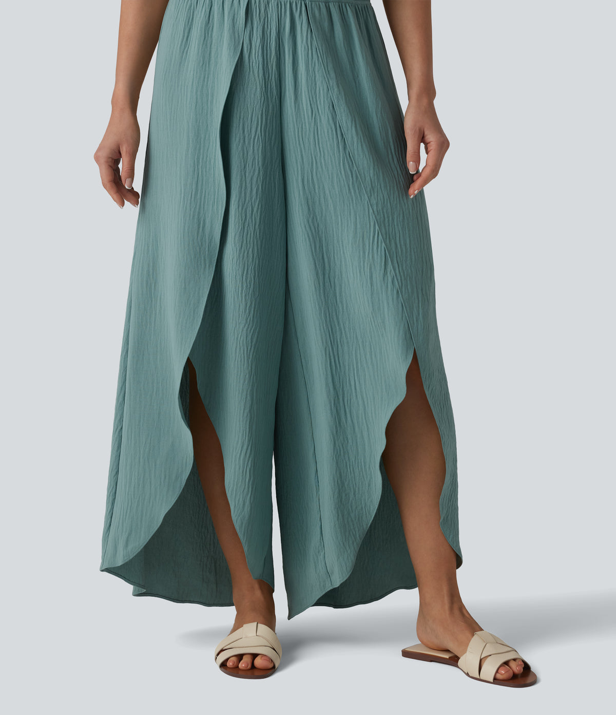 High Waisted Flowy Wide Leg Casual Linen-Feel Trousers — Mineral Blue — view 5