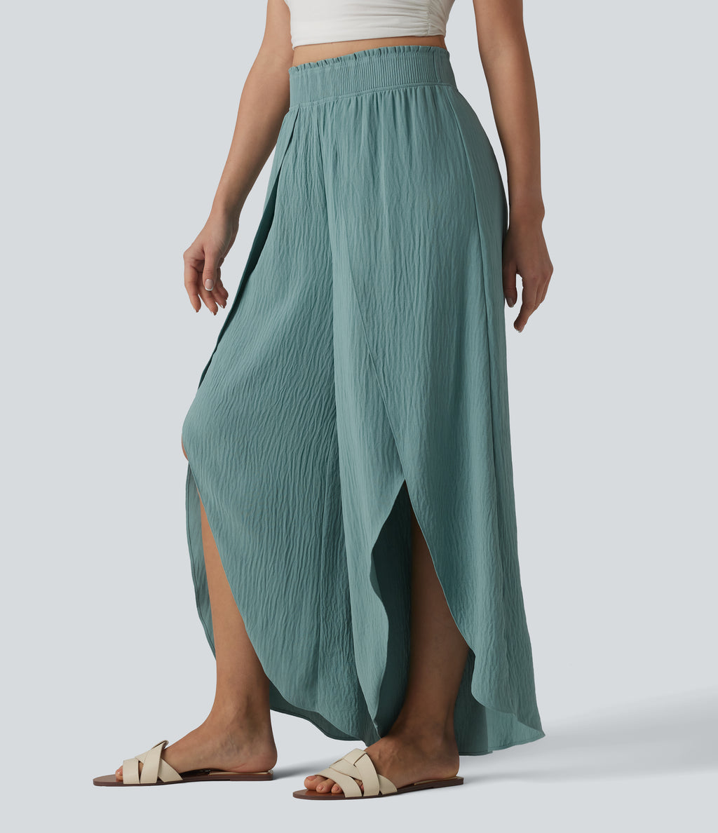 High Waisted Flowy Wide Leg Casual Linen-Feel Trousers — Mineral Blue — view 3