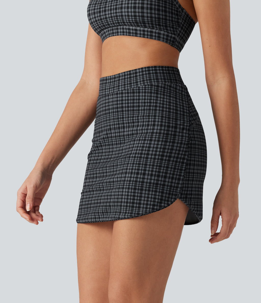 Check Plaid Print High Waisted 2-in-1 Mini Golf Skirt with Pocket — Storm Gray Check Plaid — view 5