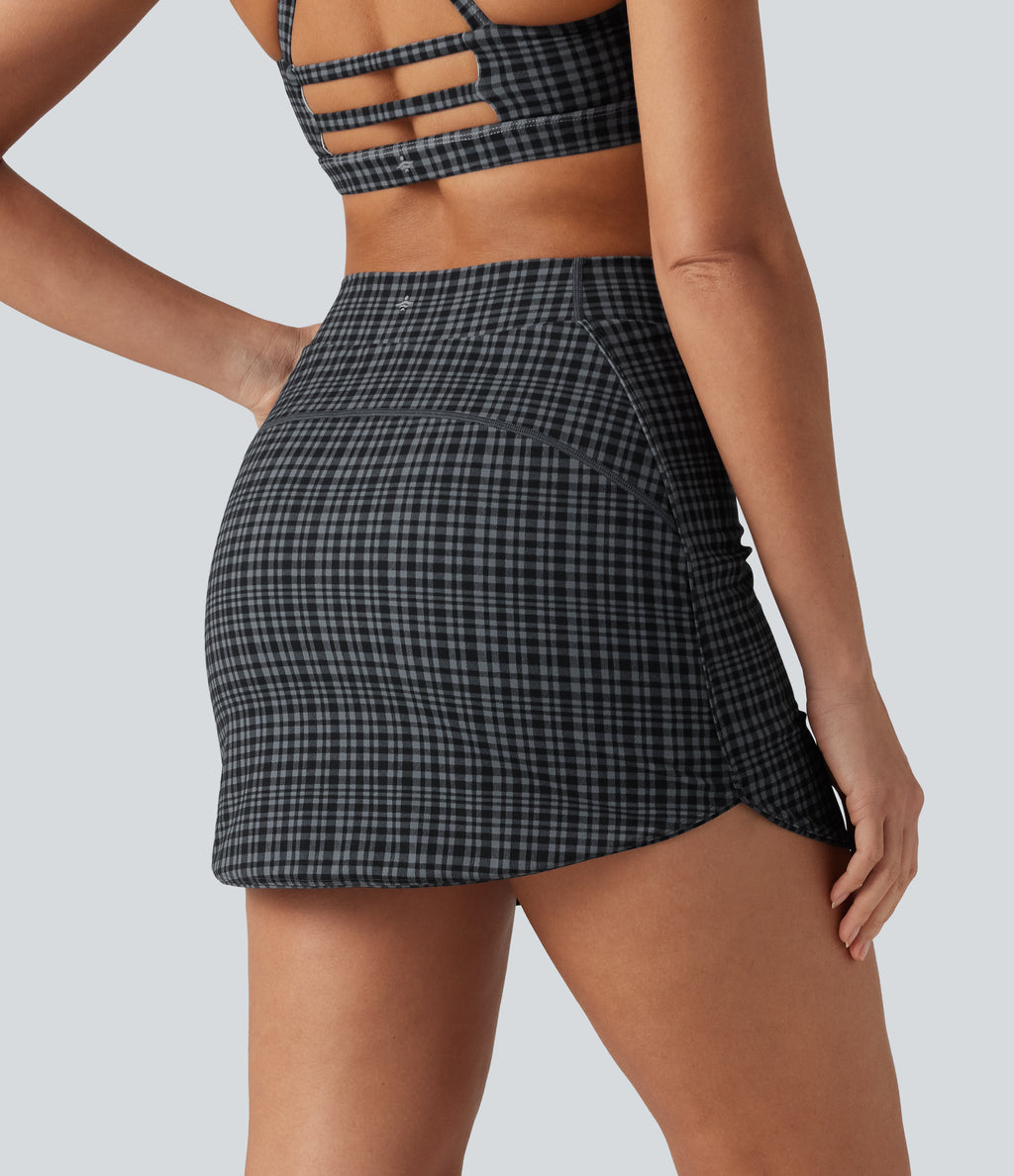 Check Plaid Print High Waisted 2-in-1 Mini Golf Skirt with Pocket — Storm Gray Check Plaid — view 3