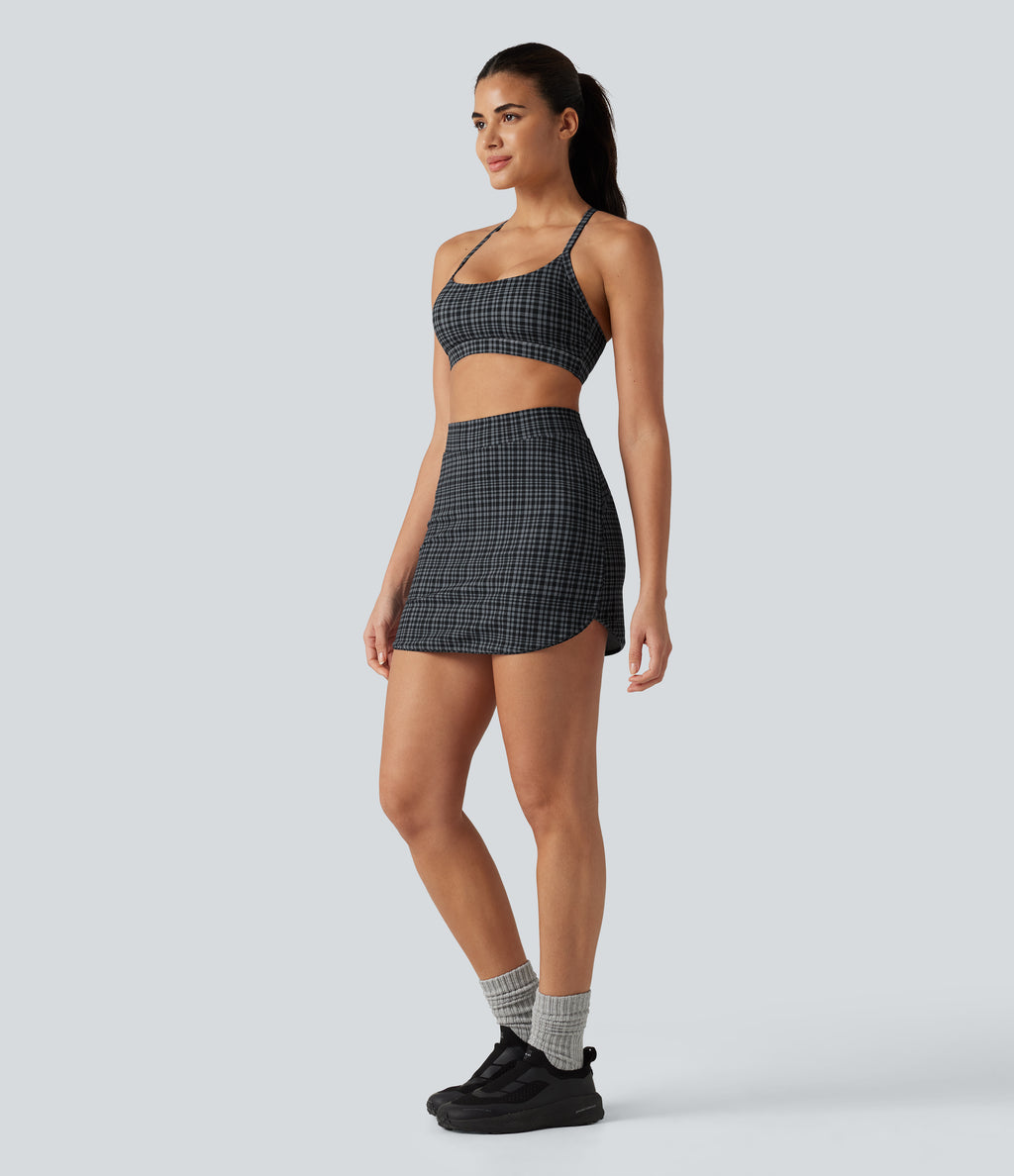 Check Plaid Print High Waisted 2-in-1 Mini Golf Skirt with Pocket — Storm Gray Check Plaid — view 7