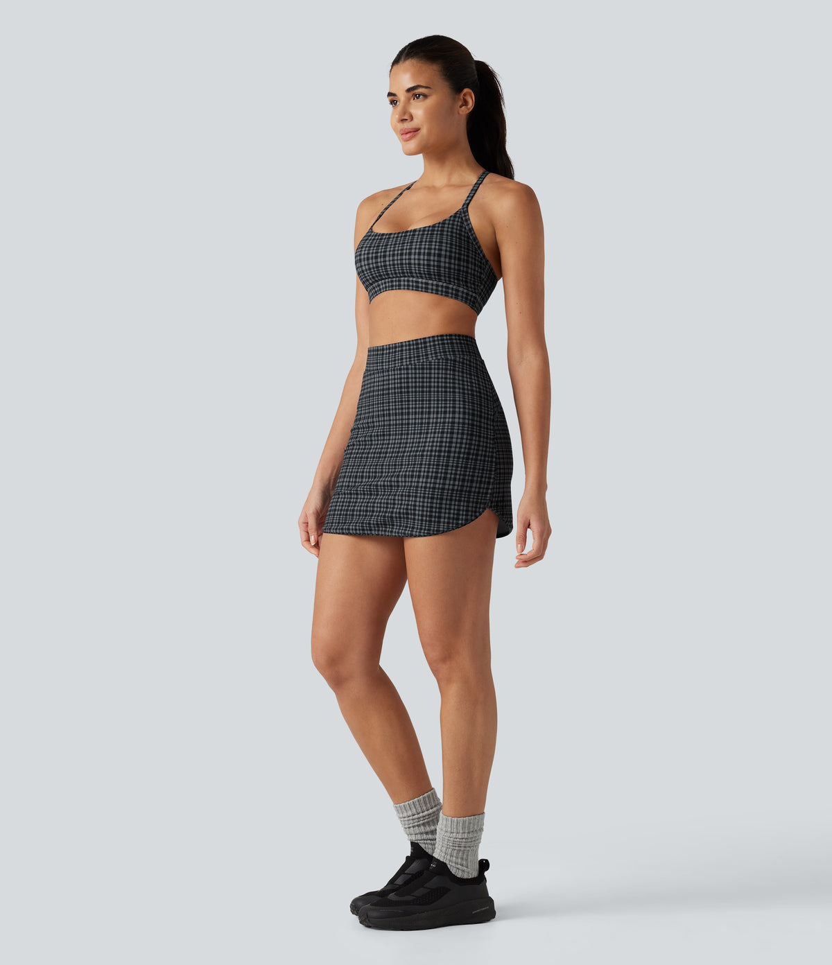 Check Plaid Print High Waisted 2-in-1 Mini Golf Skirt with Pocket — Storm Gray Check Plaid — view 7