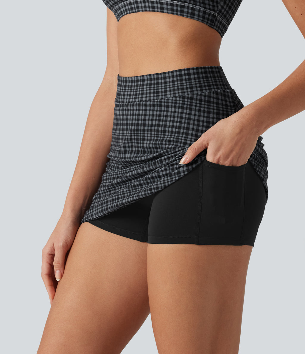 Check Plaid Print High Waisted 2-in-1 Mini Golf Skirt with Pocket — Storm Gray Check Plaid — view 2