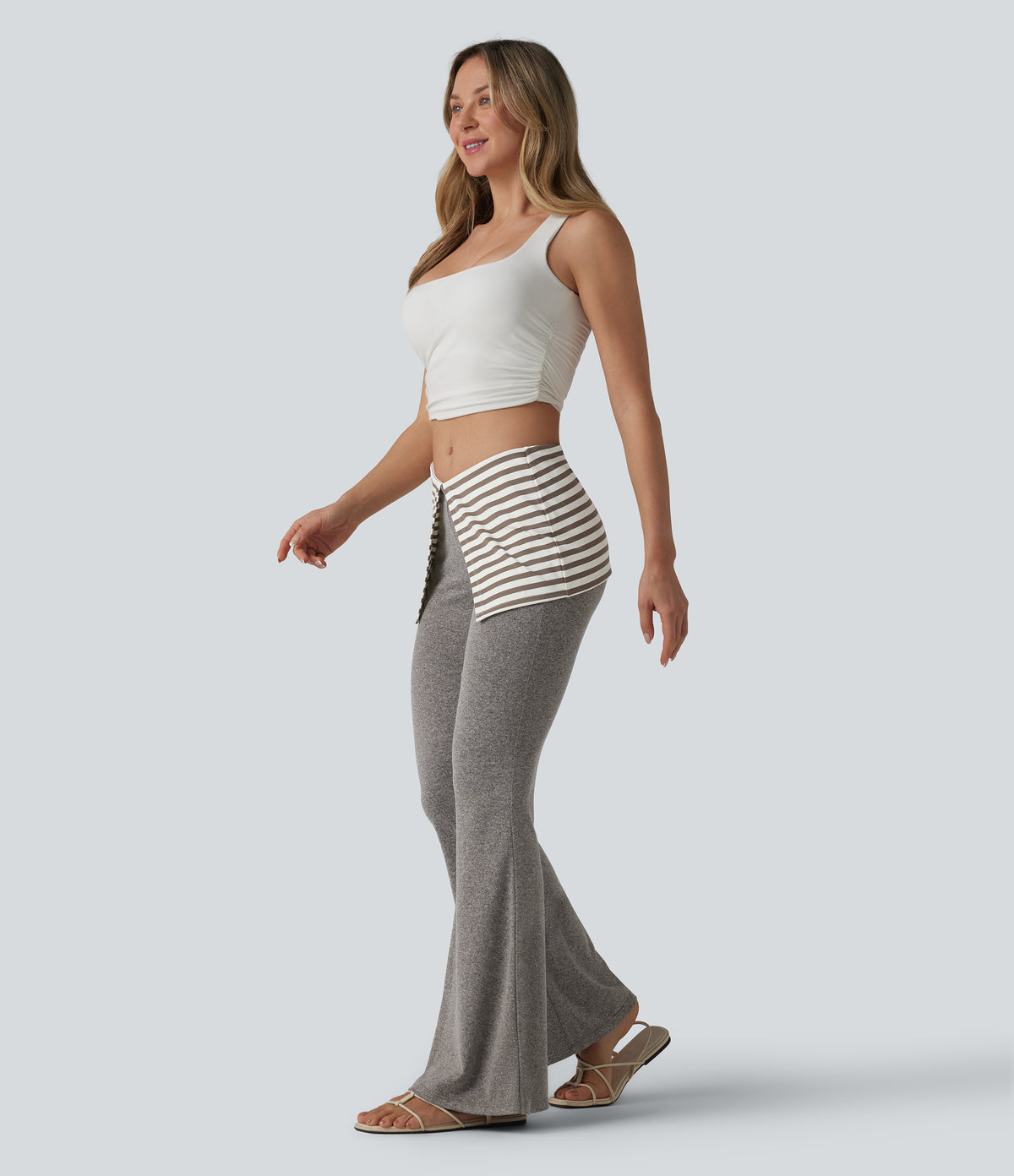 Foldover Low Rise Stripes Heathered Casual Flare Trousers — Light Coffee Floral Yarn — view 6