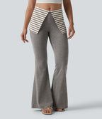 Foldover Low Rise Stripes Heathered Casual Flare Trousers — Light Coffee Floral Yarn — view 3