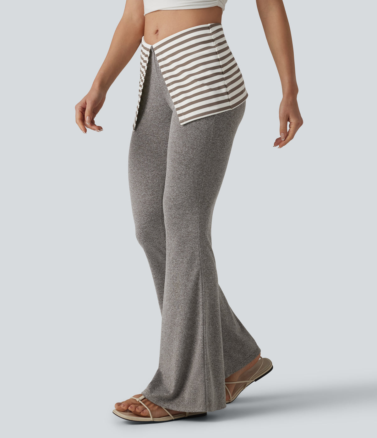 Foldover Low Rise Stripes Heathered Casual Flare Trousers — Light Coffee Floral Yarn — view 1
