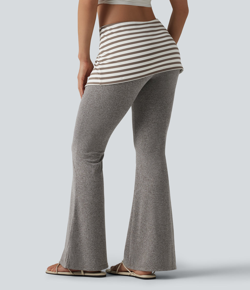 Foldover Low Rise Stripes Heathered Casual Flare Trousers — Light Coffee Floral Yarn — view 2