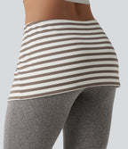Foldover Low Rise Stripes Heathered Casual Flare Trousers — Light Coffee Floral Yarn — view 5