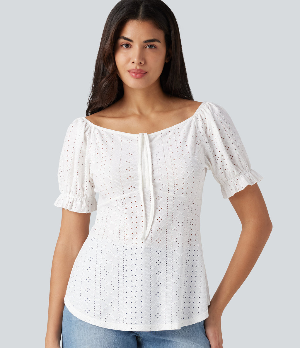 V Neck Puff Short Sleeve Lace Up Eyelet Casual Blouse — White — view 5