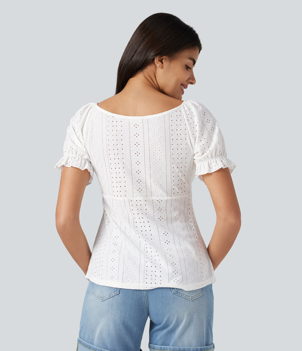 V Neck Puff Short Sleeve Lace Up Eyelet Casual Blouse — White — view 2