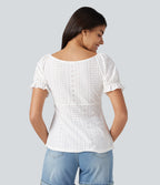 V Neck Puff Short Sleeve Lace Up Eyelet Casual Blouse — White — view 2
