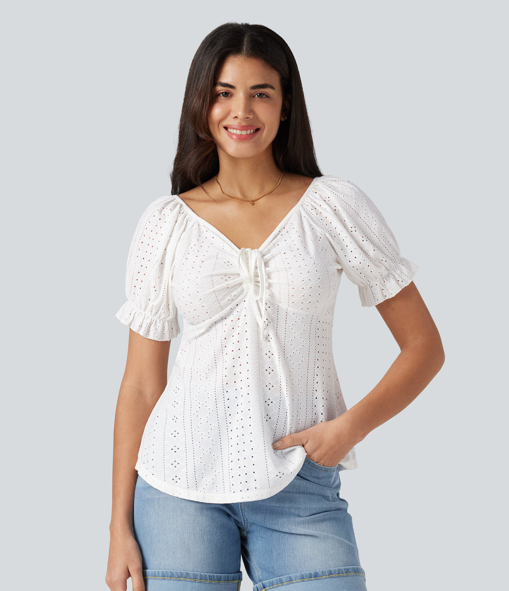 V Neck Puff Short Sleeve Lace Up Eyelet Casual Blouse — White — view 4