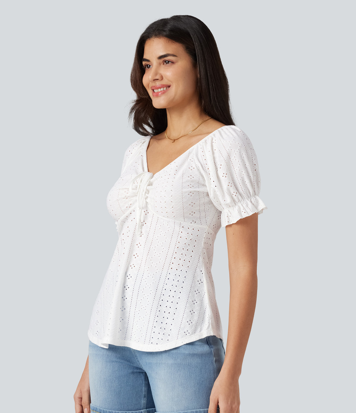 V Neck Puff Short Sleeve Lace Up Eyelet Casual Blouse — White — view 3