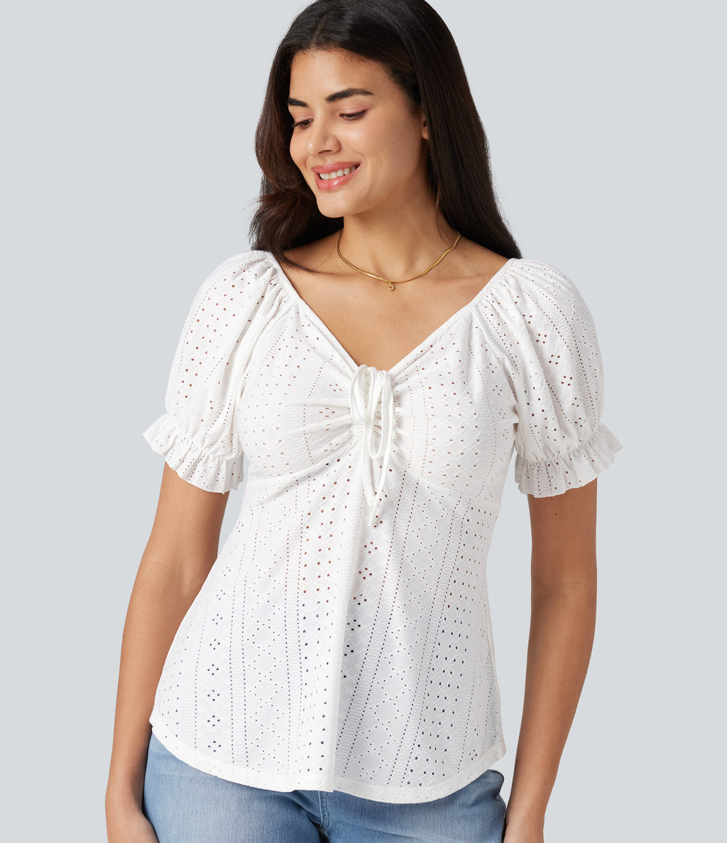 V Neck Puff Short Sleeve Lace Up Eyelet Casual Blouse — White — view 1