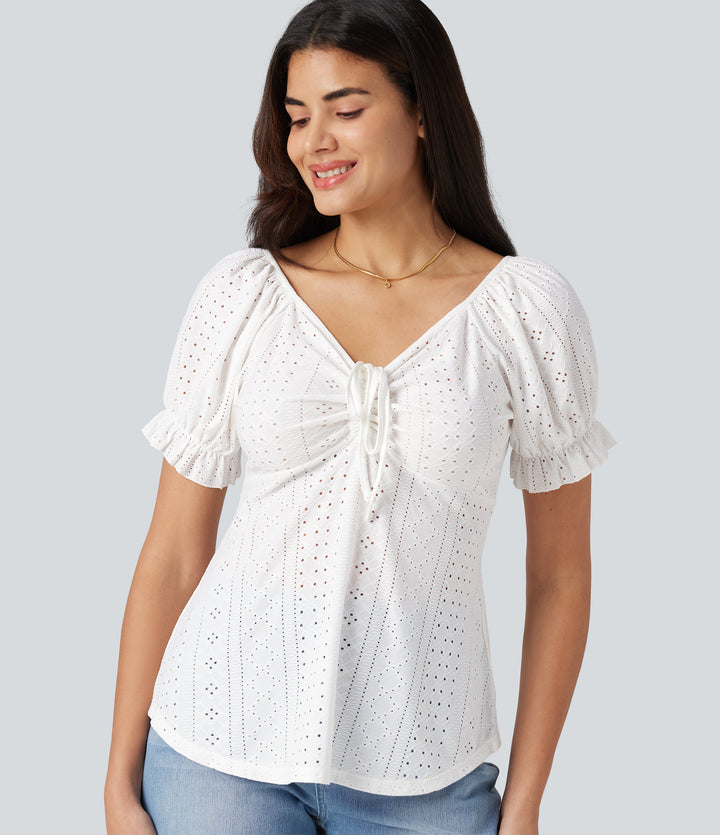 V Neck Puff Short Sleeve Lace Up Eyelet Casual Blouse — White — view 1