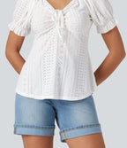V Neck Puff Short Sleeve Lace Up Eyelet Casual Blouse — White — view 7