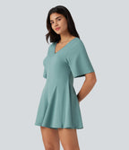 V Neck Short Sleeve Keyhole Back Casual Playsuit — Aquifer — view 3