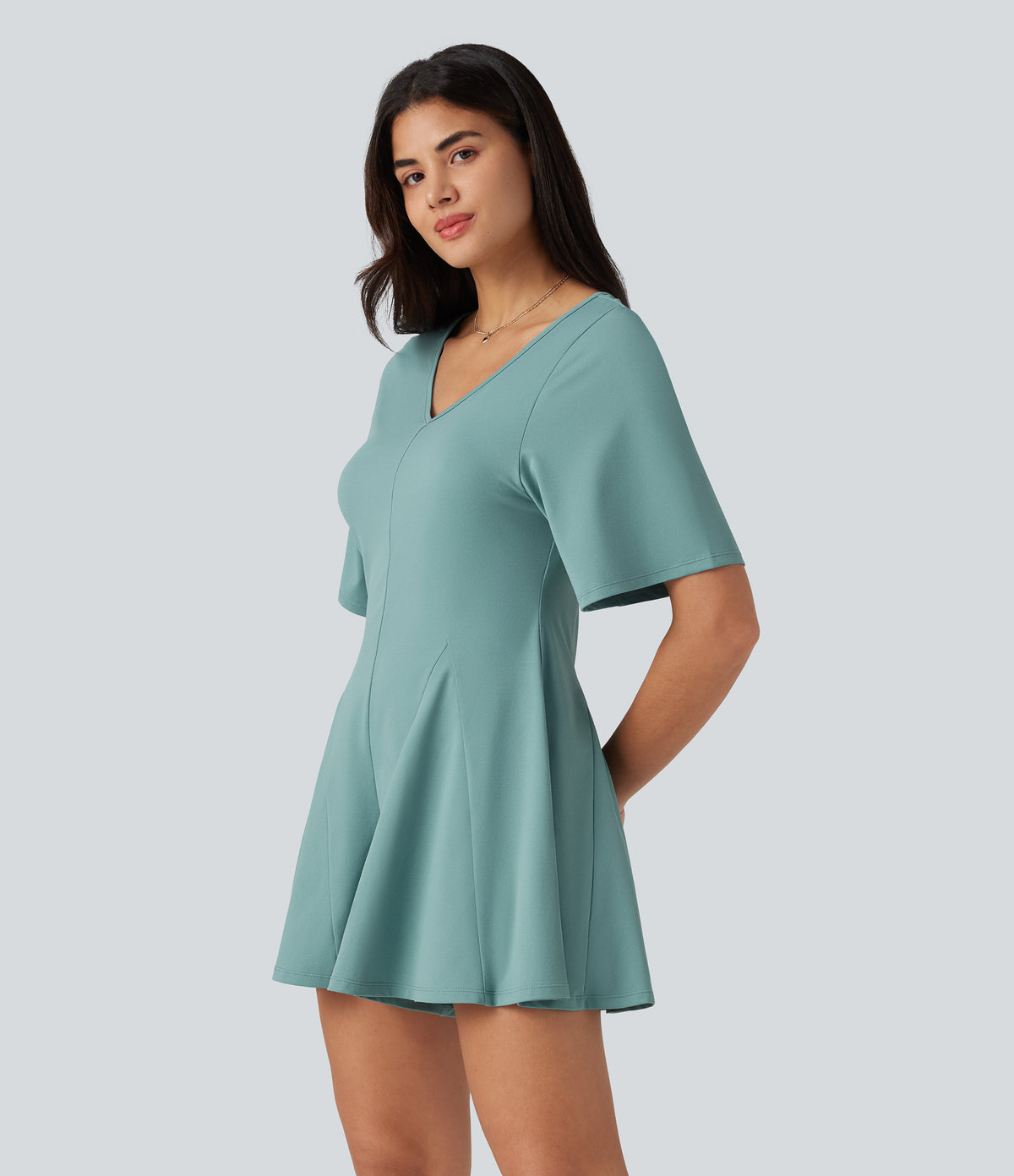 V Neck Short Sleeve Keyhole Back Casual Playsuit — Aquifer — view 3
