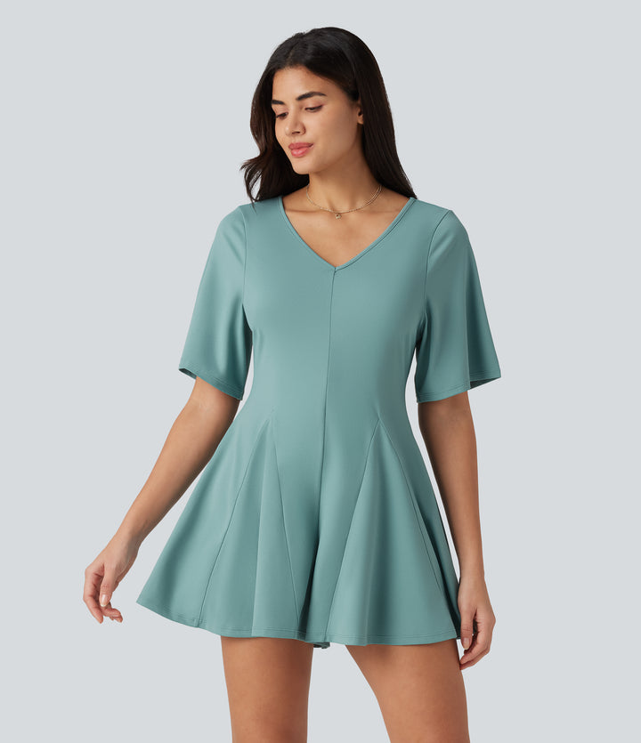 V Neck Short Sleeve Keyhole Back Casual Playsuit — Aquifer — view 1