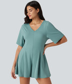 V Neck Short Sleeve Keyhole Back Casual Playsuit — Aquifer — view 6