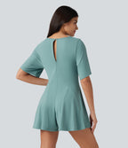 V Neck Short Sleeve Keyhole Back Casual Playsuit — Aquifer — view 2