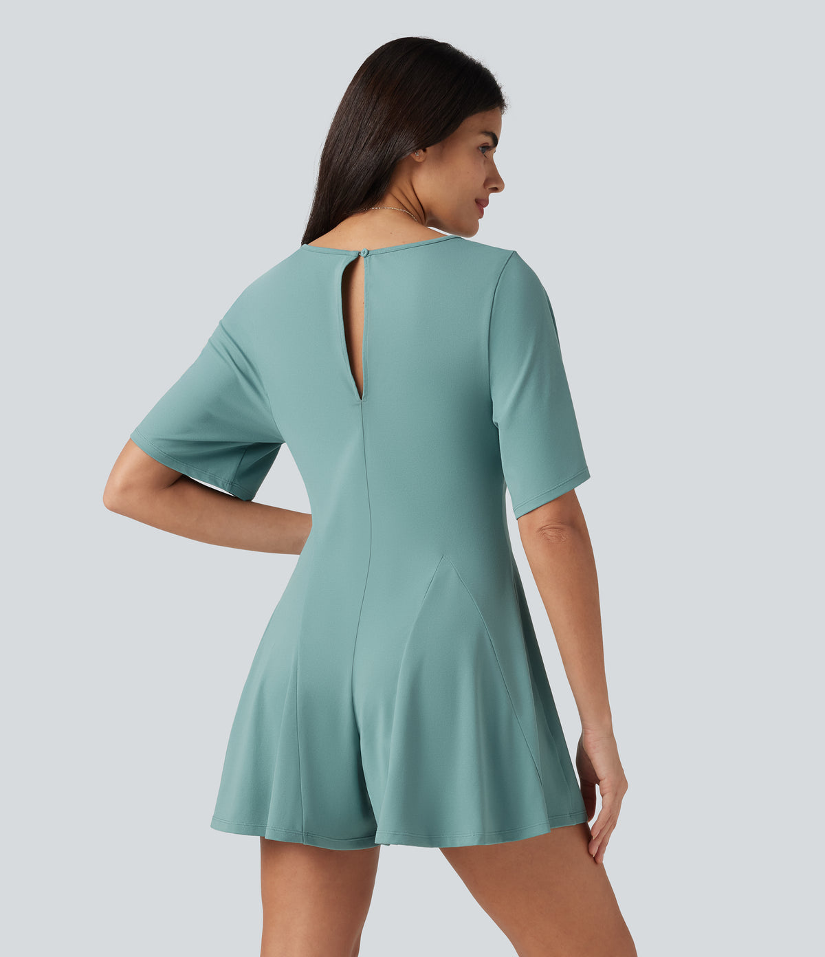 V Neck Short Sleeve Keyhole Back Casual Playsuit — Aquifer — view 2