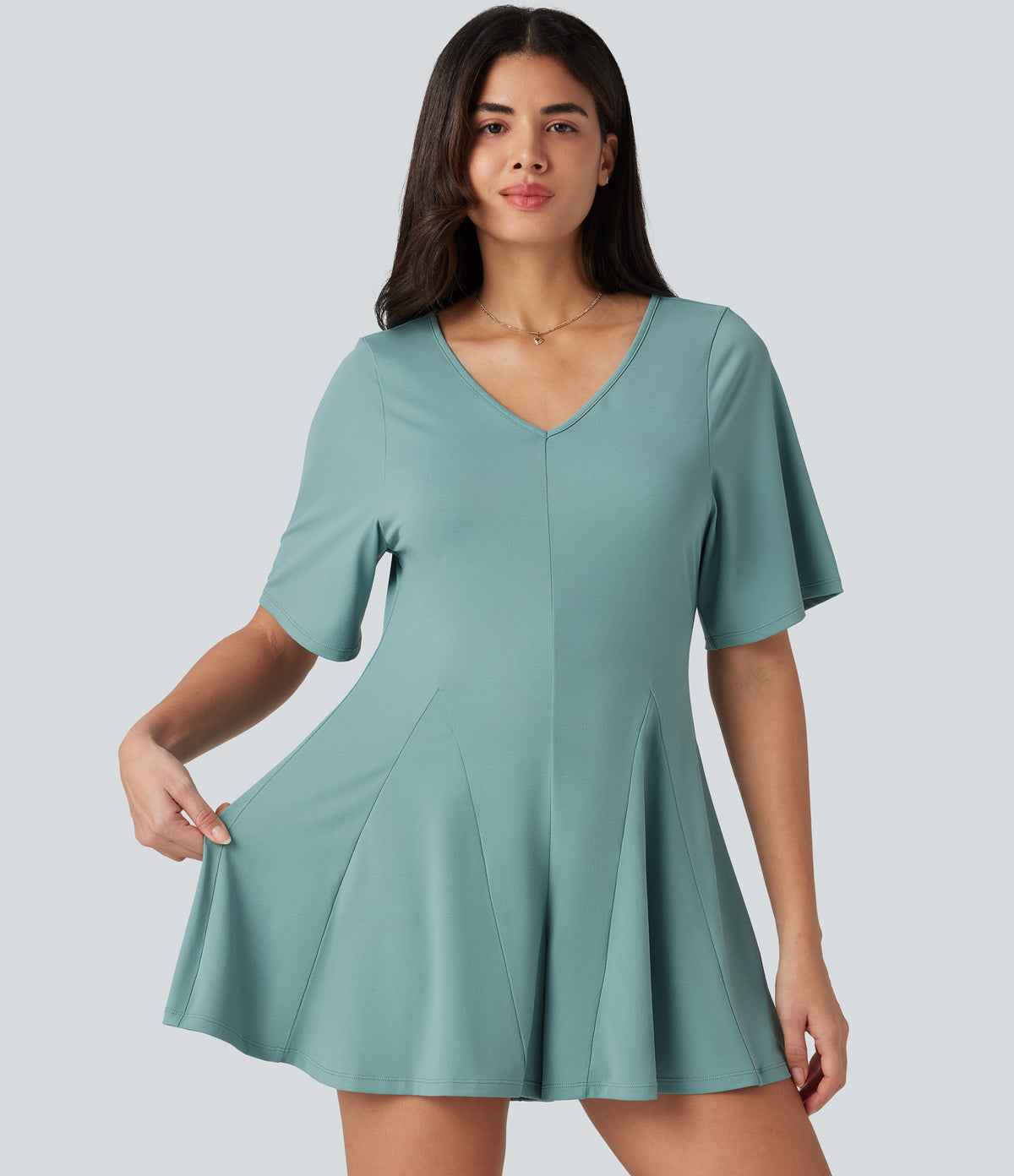V Neck Short Sleeve Keyhole Back Casual Playsuit — Aquifer — view 4