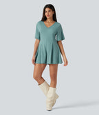 V Neck Short Sleeve Keyhole Back Casual Playsuit — Aquifer — view 7