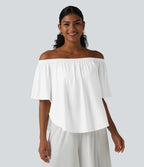 Off-shoulder Short Sleeve Split Curved Hem Built-in Bra Relaxed Casual T-Shirt — White — view 3