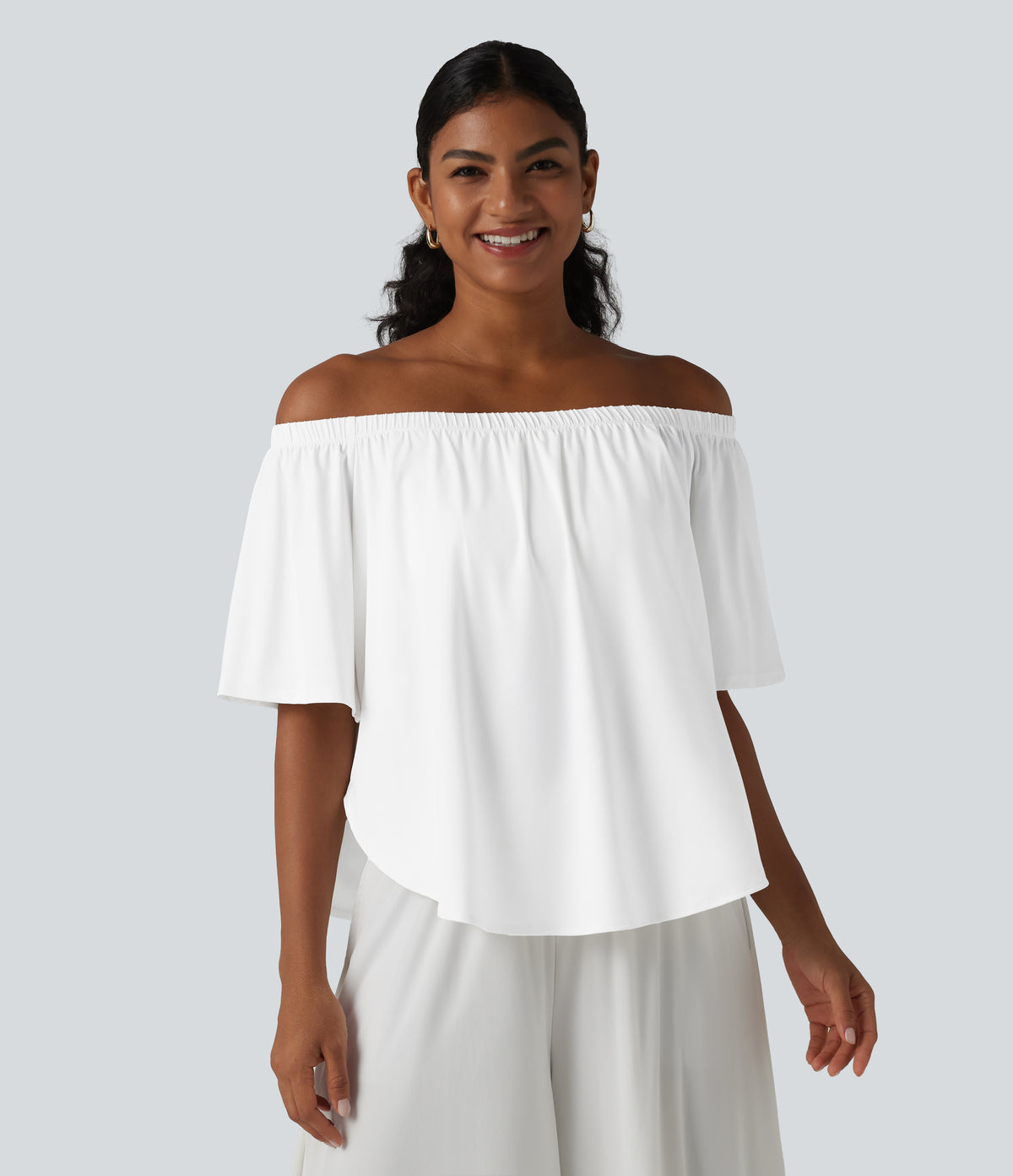Off-shoulder Short Sleeve Split Curved Hem Built-in Bra Relaxed Casual T-Shirt — White — view 3