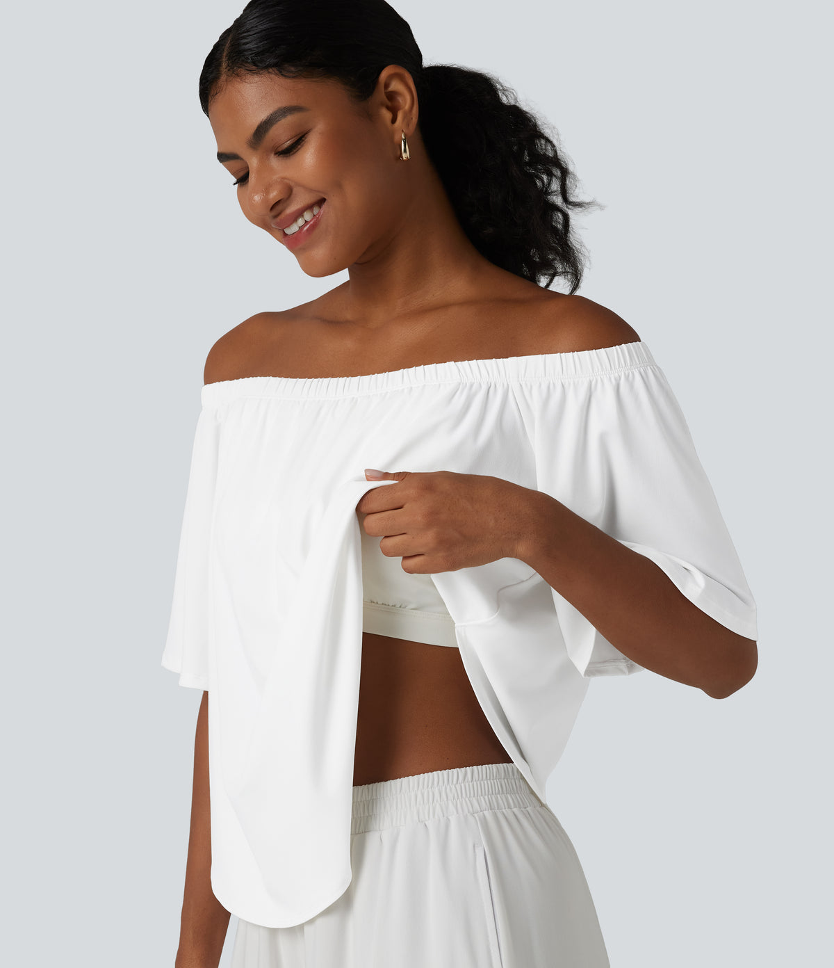 Off-shoulder Short Sleeve Split Curved Hem Built-in Bra Relaxed Casual T-Shirt — White — view 1