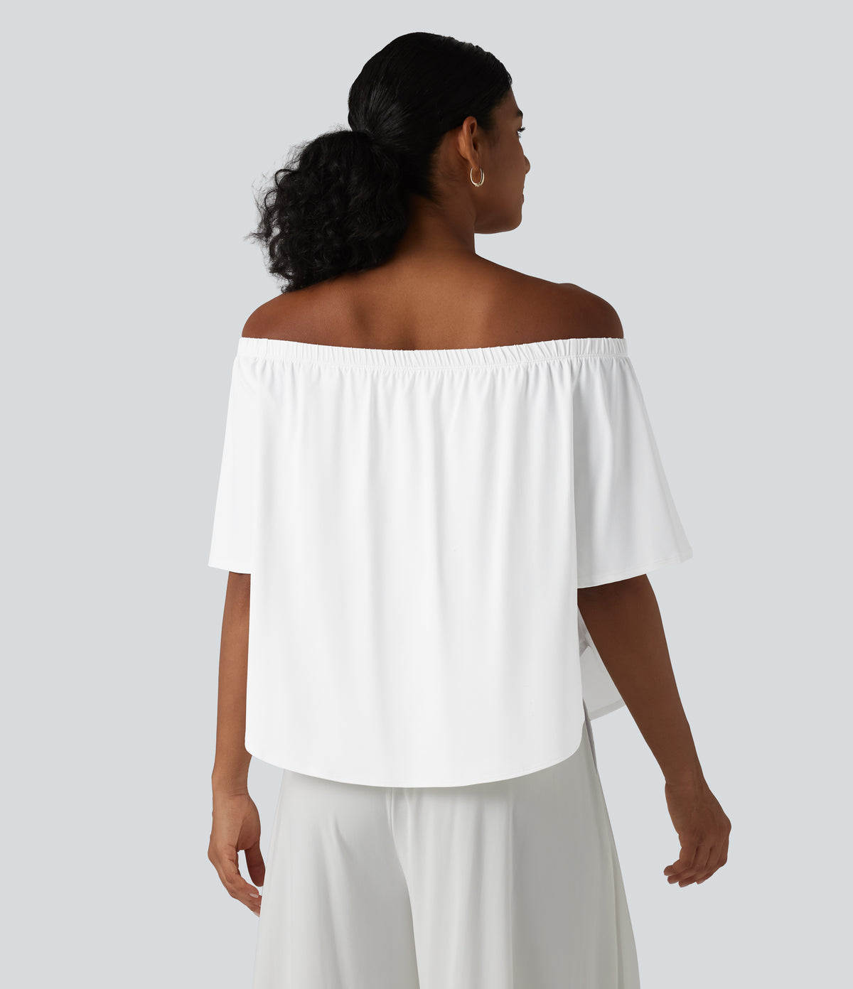 Off-shoulder Short Sleeve Split Curved Hem Built-in Bra Relaxed Casual T-Shirt — White — view 2