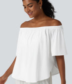 Off-shoulder Short Sleeve Split Curved Hem Built-in Bra Relaxed Casual T-Shirt — White — view 5