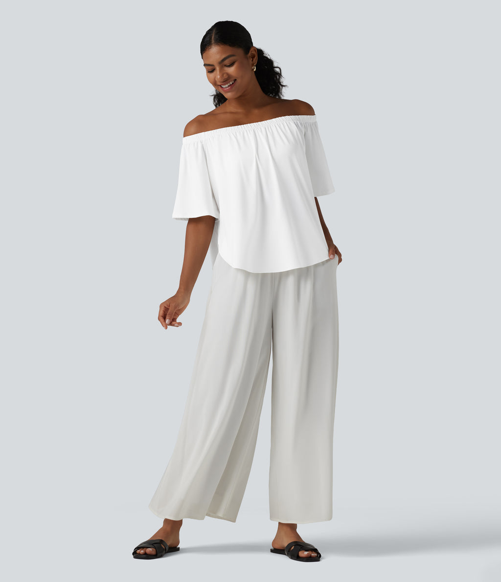 Off-shoulder Short Sleeve Split Curved Hem Built-in Bra Relaxed Casual T-Shirt — White — view 6